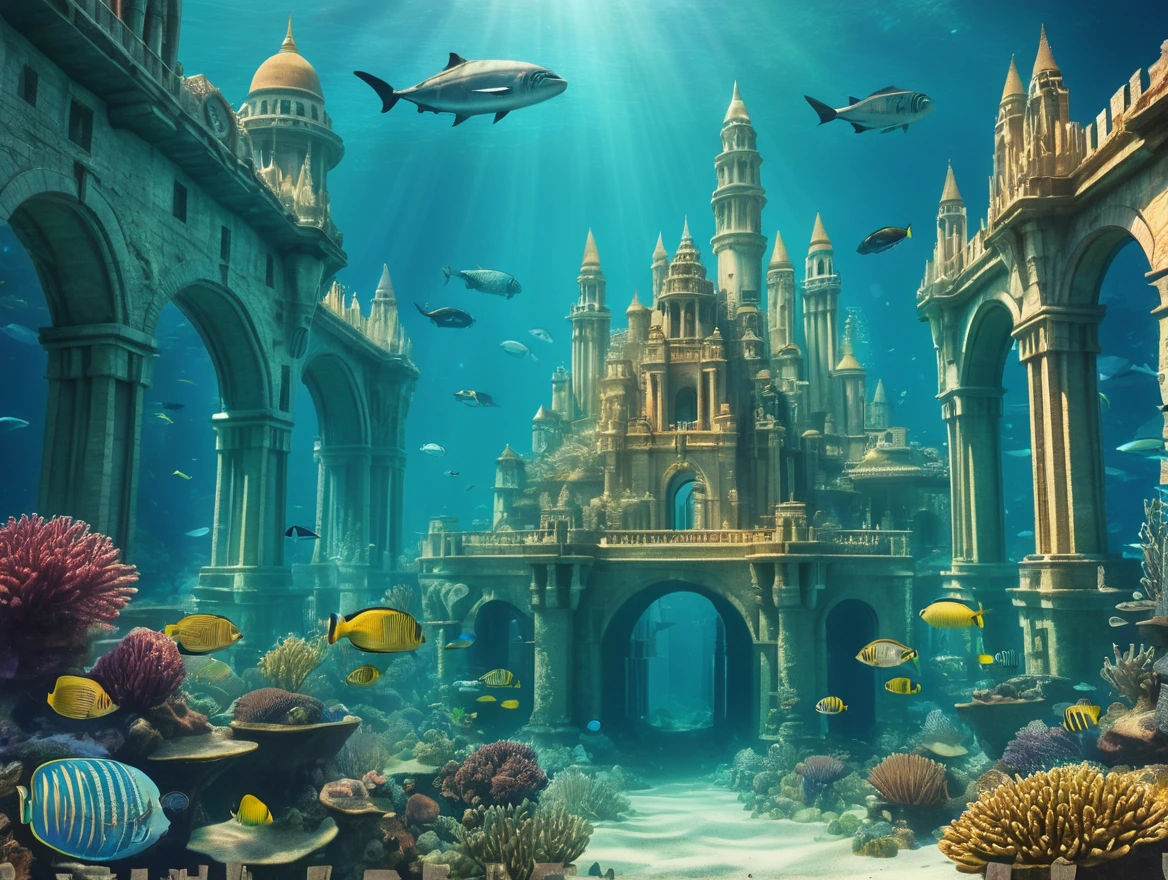 Postcard of the underwater city with text "Atlantis", vintage postcard style,