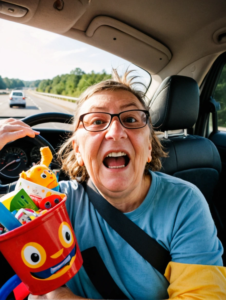 A stressed out parent on a road trip