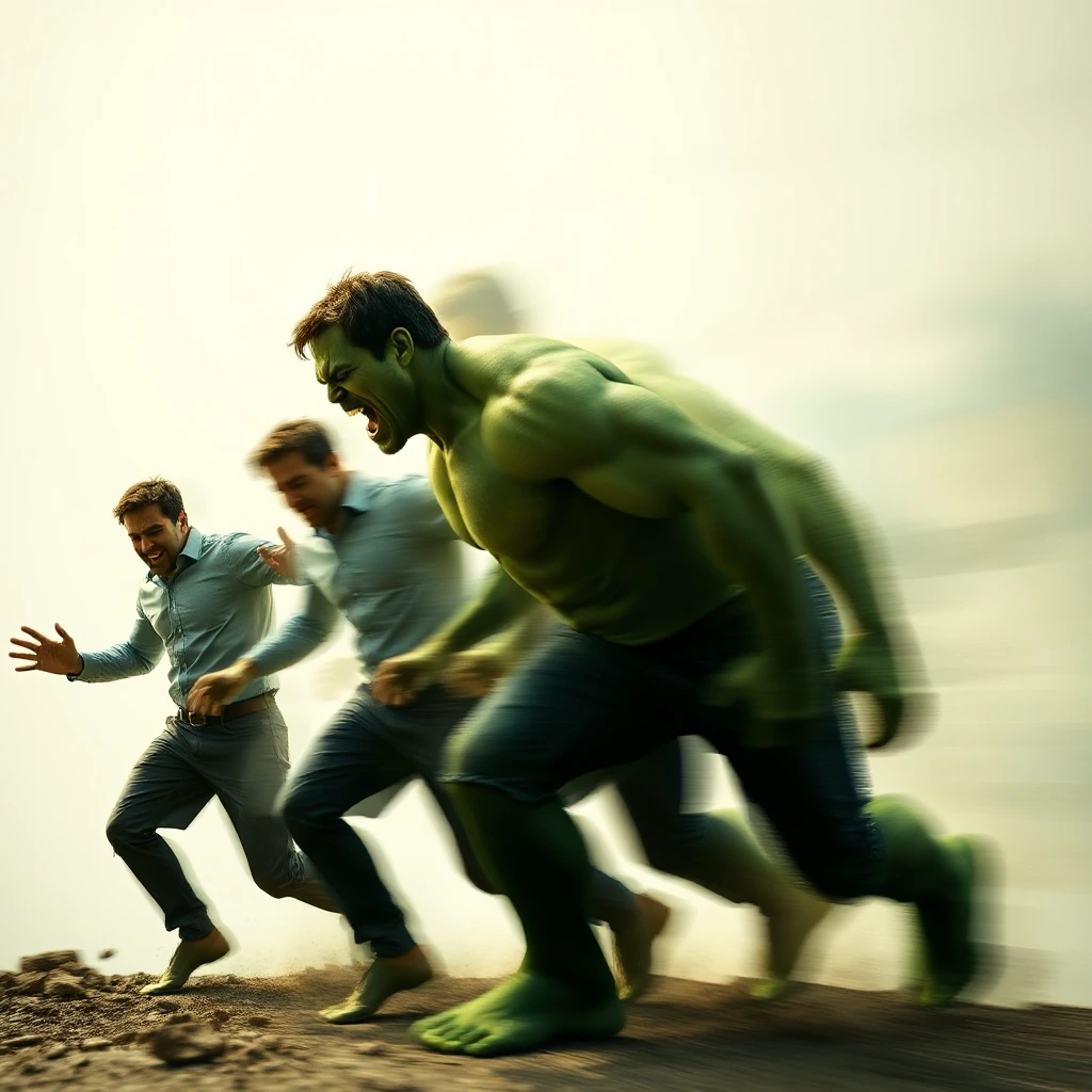 A 10 exposure photography scene in deferent positions capturing Mark Ruffalo turns to a massive Hulk with pain and screeming with sound waves effects. The image shows several layers of the transformation in different stages of a flowing Mark Ruffalo move, blending together with blurred transitions. Each layer highlights different points in the movement, from a man till he become the Hulk, creating a sense of fluidity, control, and power. The overlapping layers give the composition a dynamic and abstract quality, emphasizing the energy and pain and massive power of the Hulk.