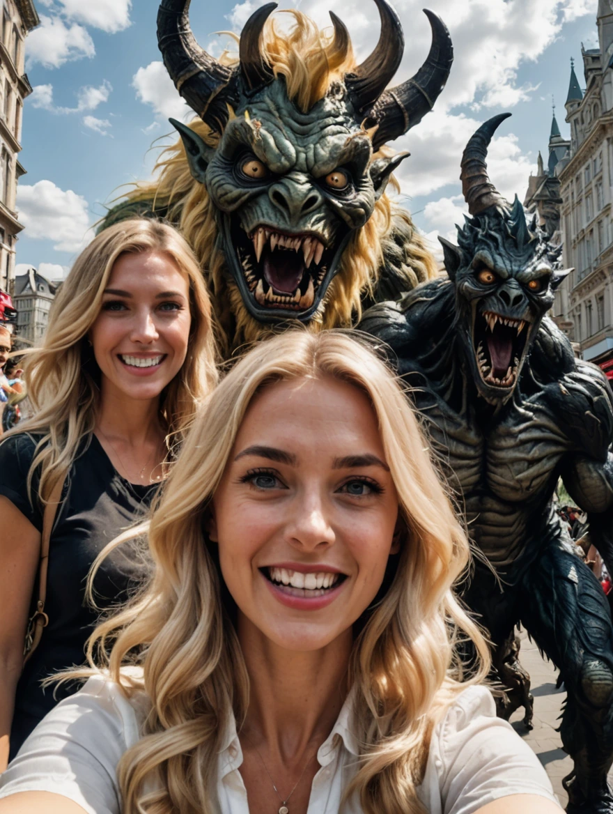 Blonde woman photobombed by a monster while taking a selfie