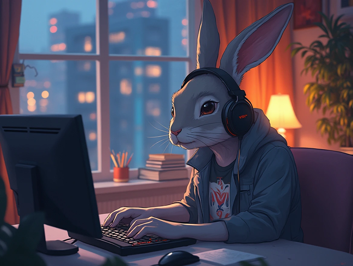 An anime-style illustration showcasing an adult hare with a sleek grey coat, stylishly adorned with headphones and a graphic t-shirt, engrossed as he works on his computer in a cozy room. Soft, warm lighting delicately illuminates his fur, exuding a nostalgic and comforting vibe. The bustling cityscape visible through the window adds depth and contrast to the scene, while a subtle touch of artistic flair in the top right corner enhances the overall stylish composition.