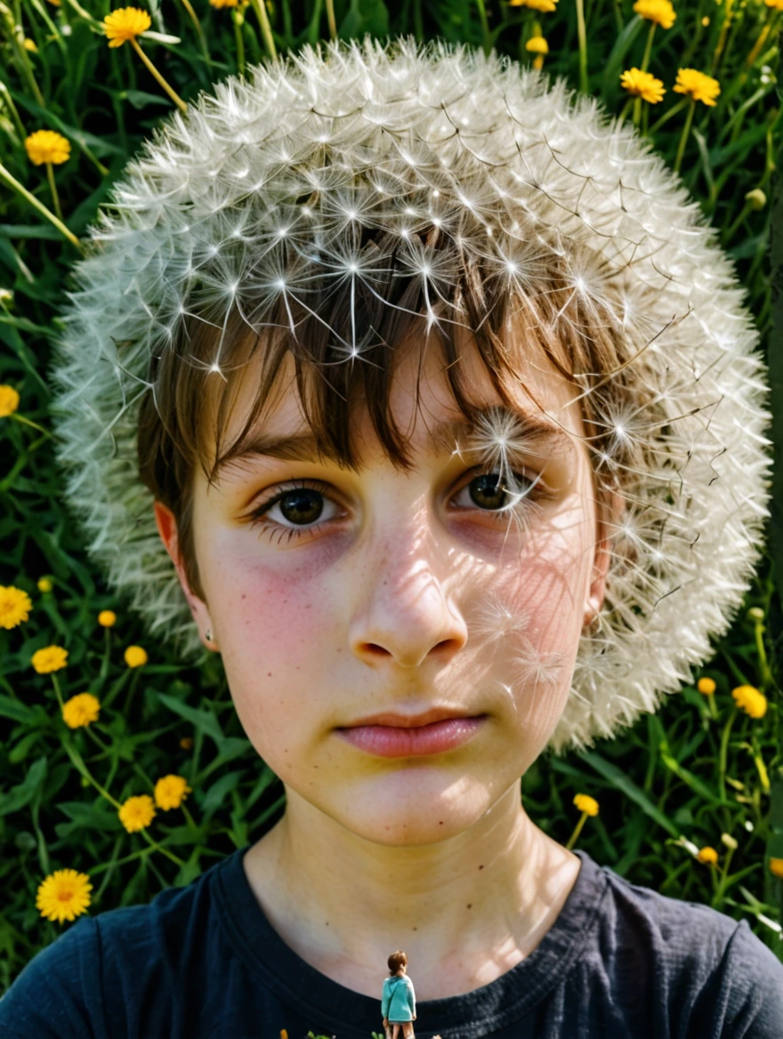 tiny woman standing under a giant dandelion