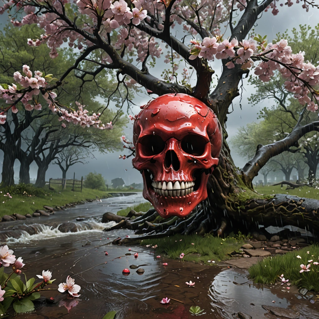 Generate a high-resolution, photorealistic image of a beautiful cherry tree in full bloom by a stream in a rainstorm, petals floating and covering the surrounding ground. The windswept canopy against the stormy sky shapes an illusion of a haunting visage, a demonic skull described by shifting light on the blossoms as the branches are blown by strong swirling winds.
, hyper-detailed, night, rendered in 8k resolution.