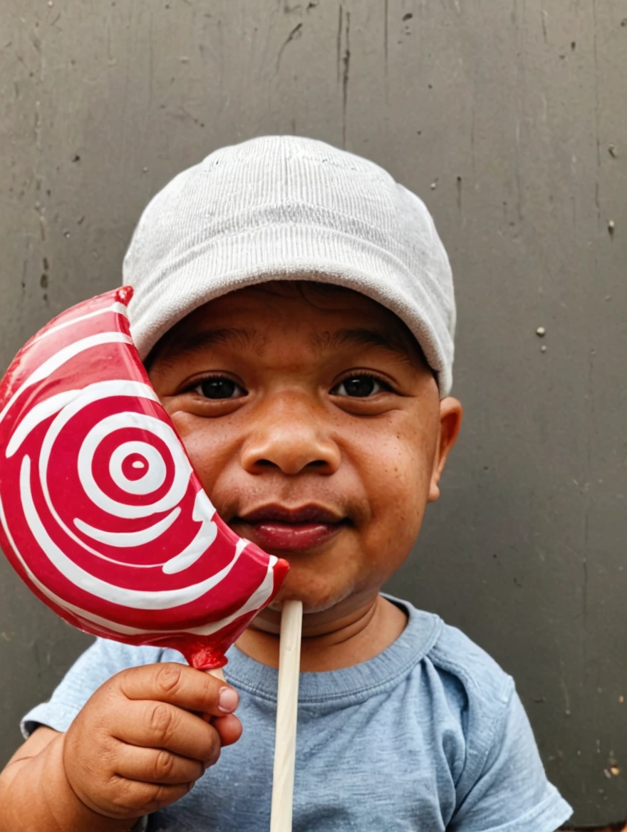 A baby holding a giant lolipop