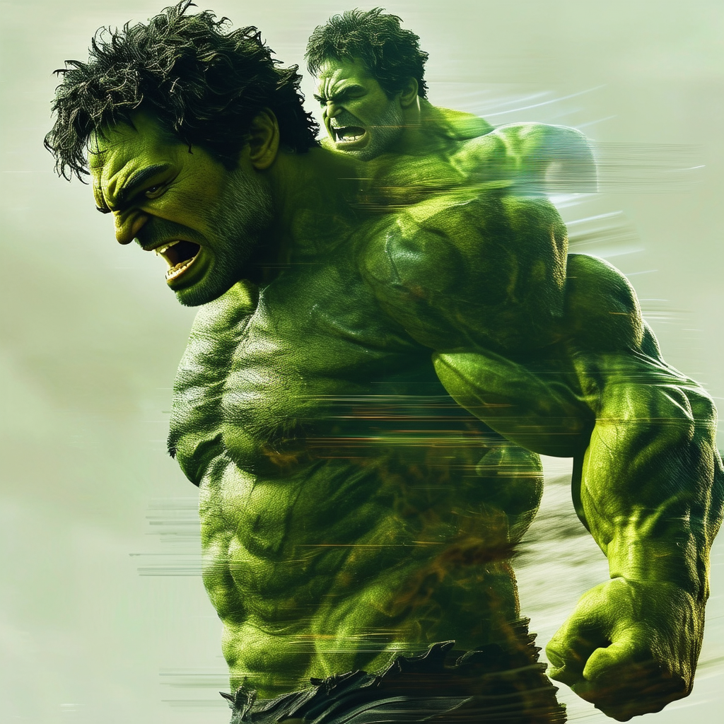 A multiple exposure photography scene in deferent positions capturing both Mark Ruffaloin the back of Halk, the image shows stages of Mark Ruffalo turning to a massive Hulk with pain and screeming and sound waves effects. The image shows several layers of the transformation in different stages of a flowing Mark Ruffalo move, blending together with blurred transitions. Each layer highlights different points in the movement, from a man till he become the Hulk, creating a sense of fluidity, control, and power. The overlapping layers give the composition a dynamic and abstract quality, emphasizing the energy and pain and massive power of the Hulk.