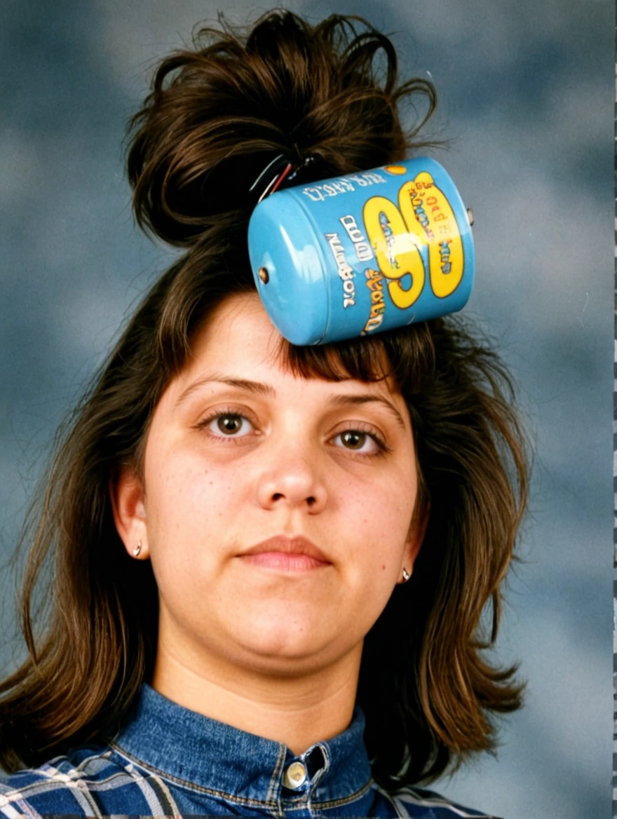 A 1993 yearbook photo of female high school student, plaid, jeans, hairspray, mini-skirts