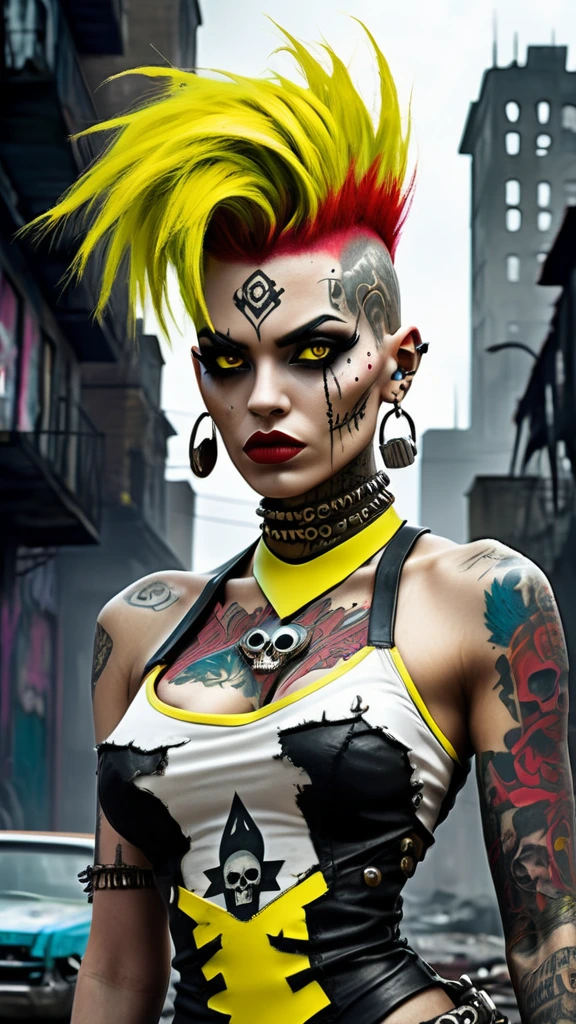 A post-apocalyptic femme fatale punk character with a vibrant neon yellow mohawk and bold undercut, large breasts,exuding defiance with intense eyes, dark makeup, and a striking red lip. Adorned with numerous piercings and elaborate tattoos of skulls and monsters on arms and back, her figure standing boldly in a tight-fitting, torn white dress. The backdrop features a gritty, chaotic urban dystopia with a rugged yellow muscle car bearing a 'KIL KIL' license plate, dilapidated buildings, faded graffiti, tangled wires, and ominous overcast skies, all bathed in vivid yet dark hues for a comic book aesthetic with high detail and dramatic lighting.