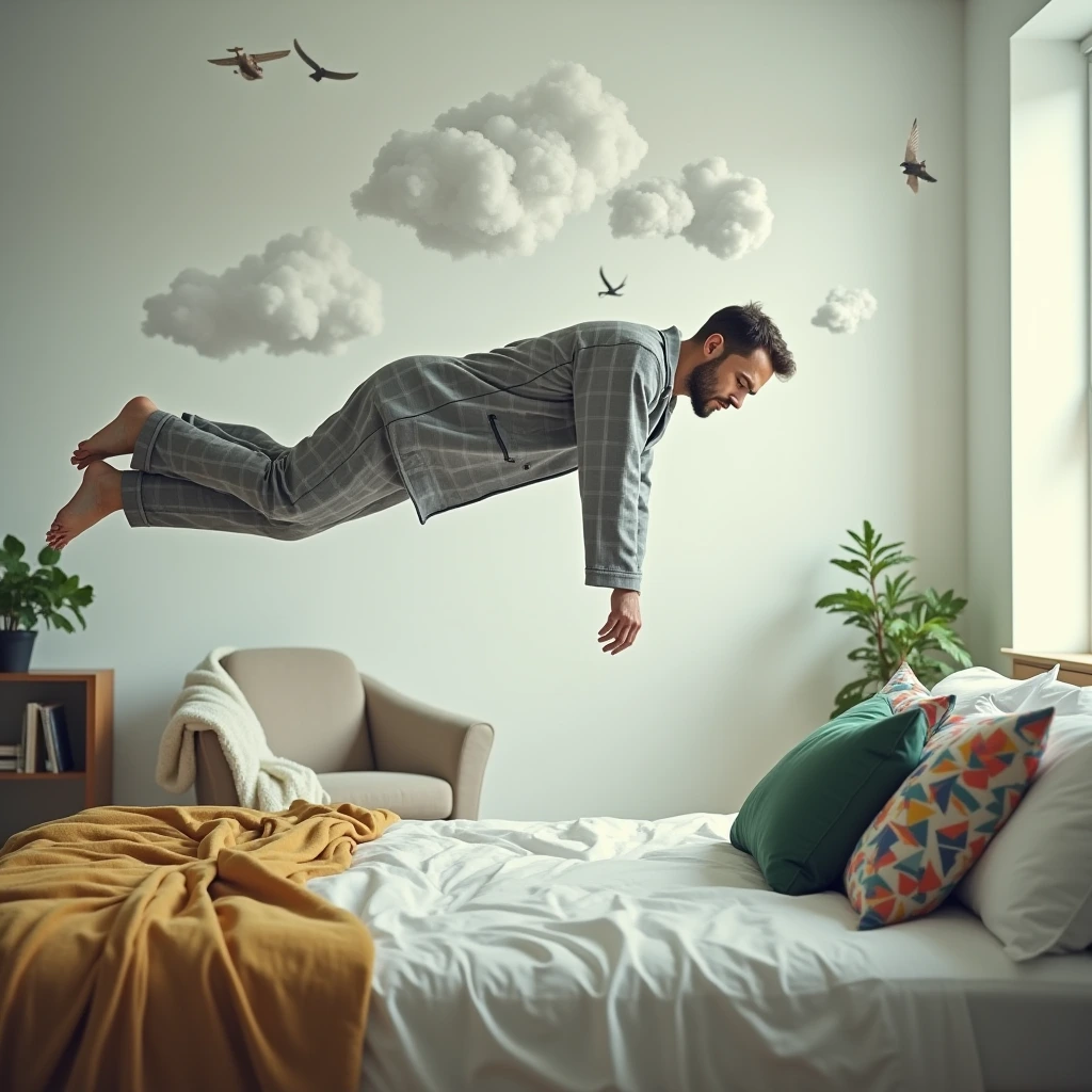 A surreal image of a modern, well-lit bedroom full of white clouds floating with birds and small aircraft with a man levitating horizontally above a bed. The man wearing a gray plaid pajama, and appears to be in a deep sleep or relaxed state, with his eyes closed. while the rest of his body is suspended in the air. 
The bed below him has a white, slightly disheveled sheet, with a mustard yellow blanket partially draped over the side. There are two pillows on the bed, one green and another with a colorful geometric pattern. 
In the background, a cozy upholstered chair with a white blanket draped over it is visible. To the left, there is an open shelf with books and decorative objects, and a potted plant on a dresser. The room is softly lit by natural light coming through a large window, illuminating the serene yet mysterious scene. The walls are light-colored, likely white or a very pale shade, which enhances the focus on the levitating man and the soft-toned elements in the room. The overall atmosphere is calm and serene, with the levitation adding a dreamlike, slightly unsettling contrast.