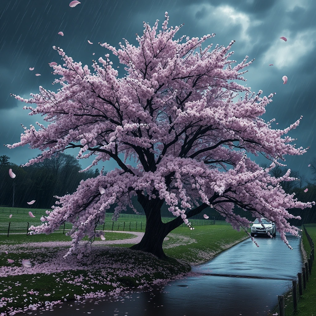 Masterpiece by Andy Goldsworthy , MC Escher, and Jerry Uelsmann depicting a beautiful cherry tree in full bloom by a stream in a rainstorm, petals floating and covering the surrounding ground. The windswept canopy against the stormy sky shapes an illusion of a haunting visage, a demonic skull described by shifting light on the blossoms as the branches are blown by strong swirling winds.
, hyper-detailed, night, rendered in 8k resolution.