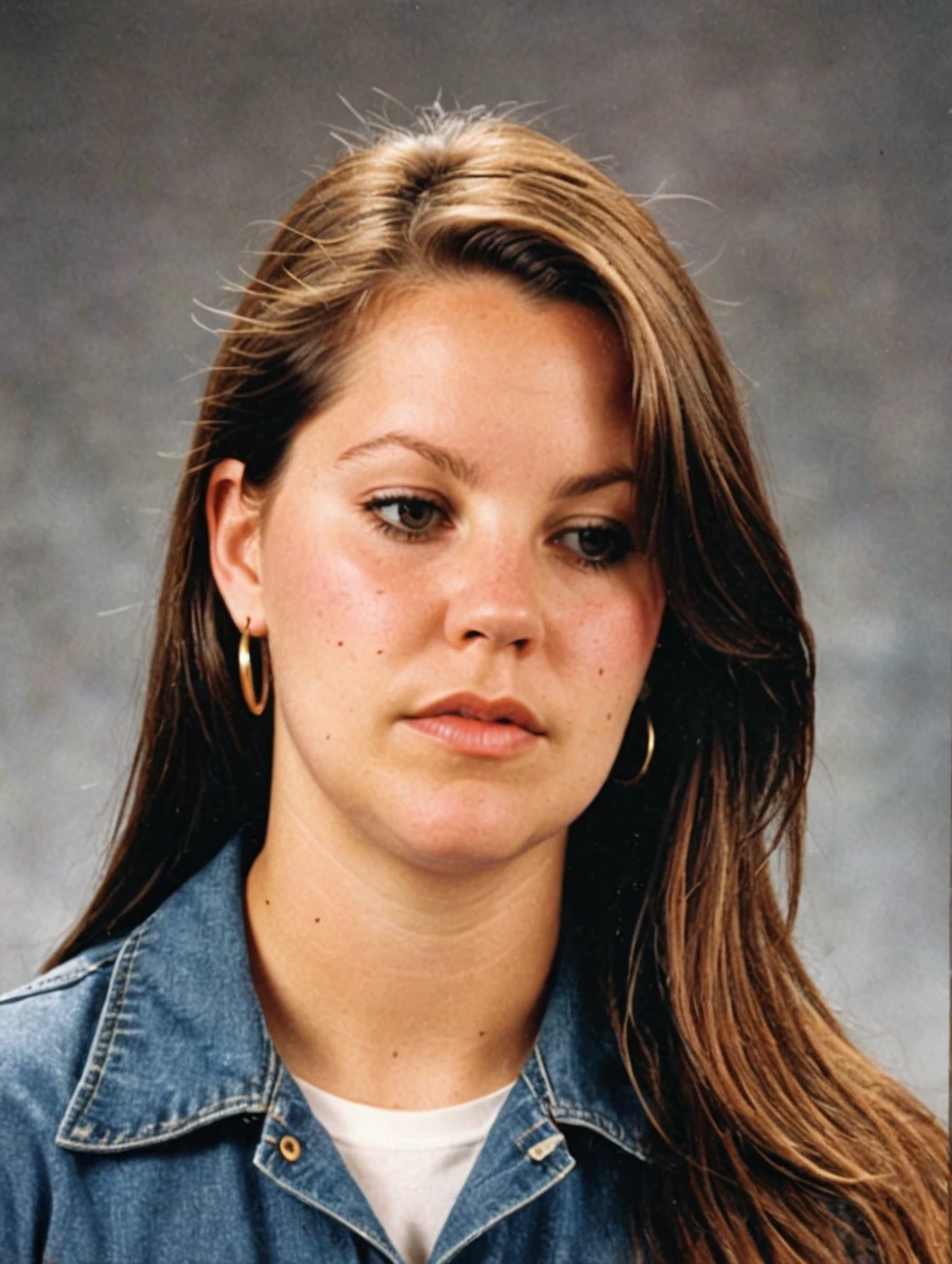 A 1993 yearbook photo of female high school student, plaid, jeans, hairspray, mini-skirts