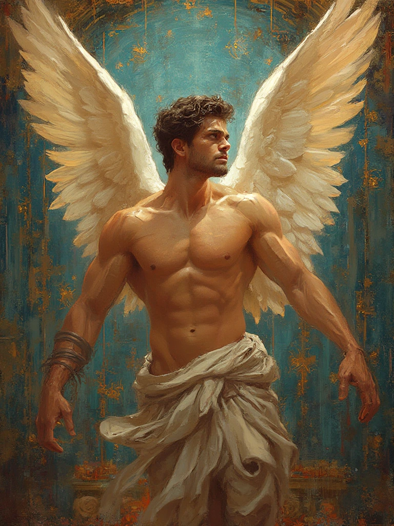 Regal angelical whimsical shirtless muscle male figures with a attractive expression, flanked by intricate flurry patterns and rich textures, painted with vibrant colors that seem to glow, creating a sense of depth and movement. The brushstrokes are precise and delicate, enhancing the ethereal attractive atmosphere of the scene. Bright highlights and deep shadows play together to emphasize the volumetric virile composition of the painting, drawing the viewer's eye towards the centered figure with an almost otherworldly presence.