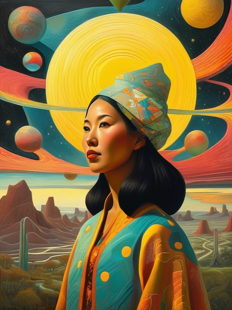 An ultra-detailed, textured oil painting by Gaugin, featuring a beautiful Asian woman, with lush, deeply colored incandescent hues of the dawn sky. Ornate style of Dr. Seuss, showcases a futuristic, meticulous surrealism creation with hexagonal tessellation, Voronoi Diagrams, and the Doppler effect. Utilizing the cutting-edge Octane Render technology, this artwork masterfully blends a whimsical scene inspired by Jakub Rozalski and Dr. Seuss, with elements of Salvador Dalí and Pablo Picasso.