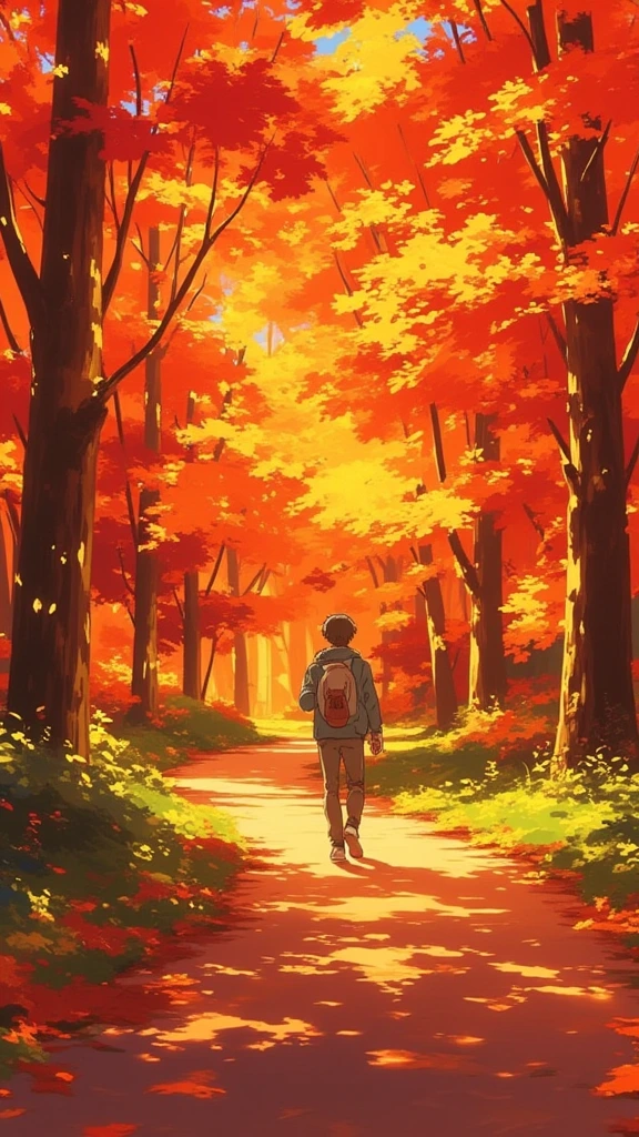 The camera pans slowly across a vibrant autumn lan…