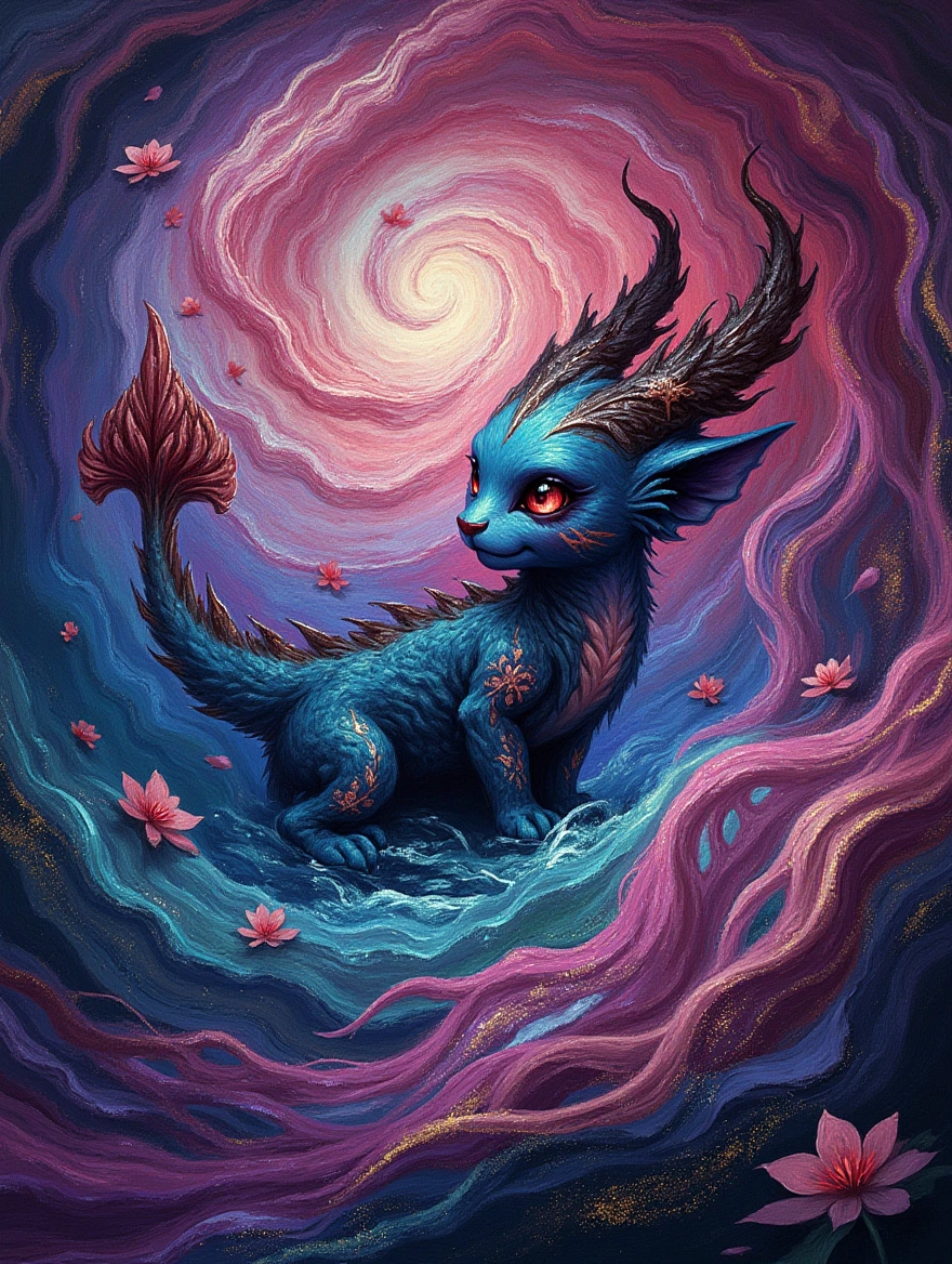 Create a close-up of an adorable chibi fantasy creature with a mesmerizing blend of pastel alcohol ink and acrylic glitter paint, painting inspired by the whimsical styles of Michael Cheval, Luis Royo, and Mucha reminiscent mashup of Nordic and Scandinavian art styles. Vibrant colors blend in intricate swirls, creating a dreamy, ethereal background reminiscent of a mystical Candyland. Subtle grunge elements add a touch of dark charm, while hints of a benevolence whimsical appearance float through the composition. The distinctive styles of each artist intertwine, inviting viewers into an enchanting, otherworldly realm of artistic wonder.