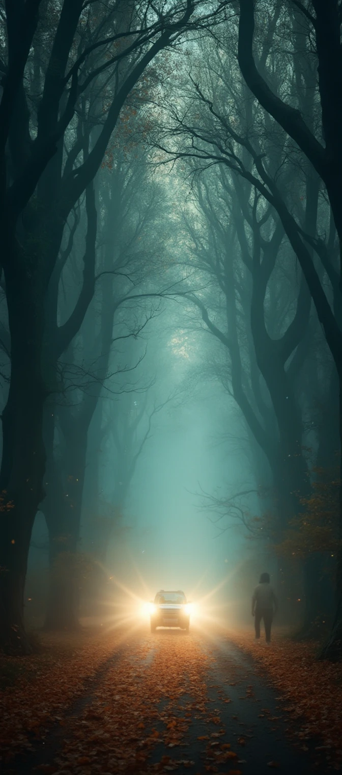 An enchanting astrophotograph capturing a misty tunnel created by the intertwined branches of towering trees, with a speeding car stirring up a whirlwind of autumn leaves. The mystical ambiance is enhanced by ethereal light filtering through the fog, illuminating a figure in motion as the car's headlights create a dynamic sense of speed. Faintly twinkling stars peek through the canopy, infusing the scene with a dreamy cosmic touch reminiscent of a Thomas Kinkade masterpiece.