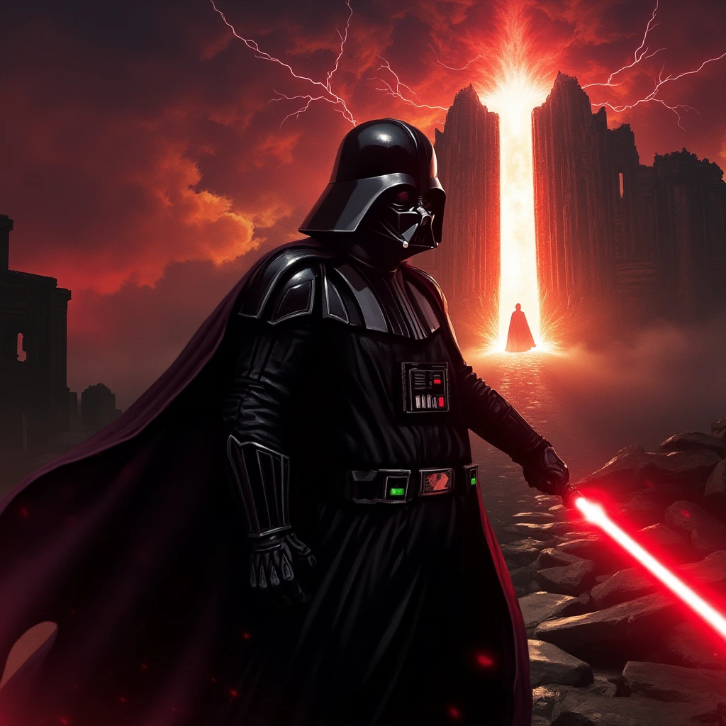 A closeup shot of darth vader facing the viewer…