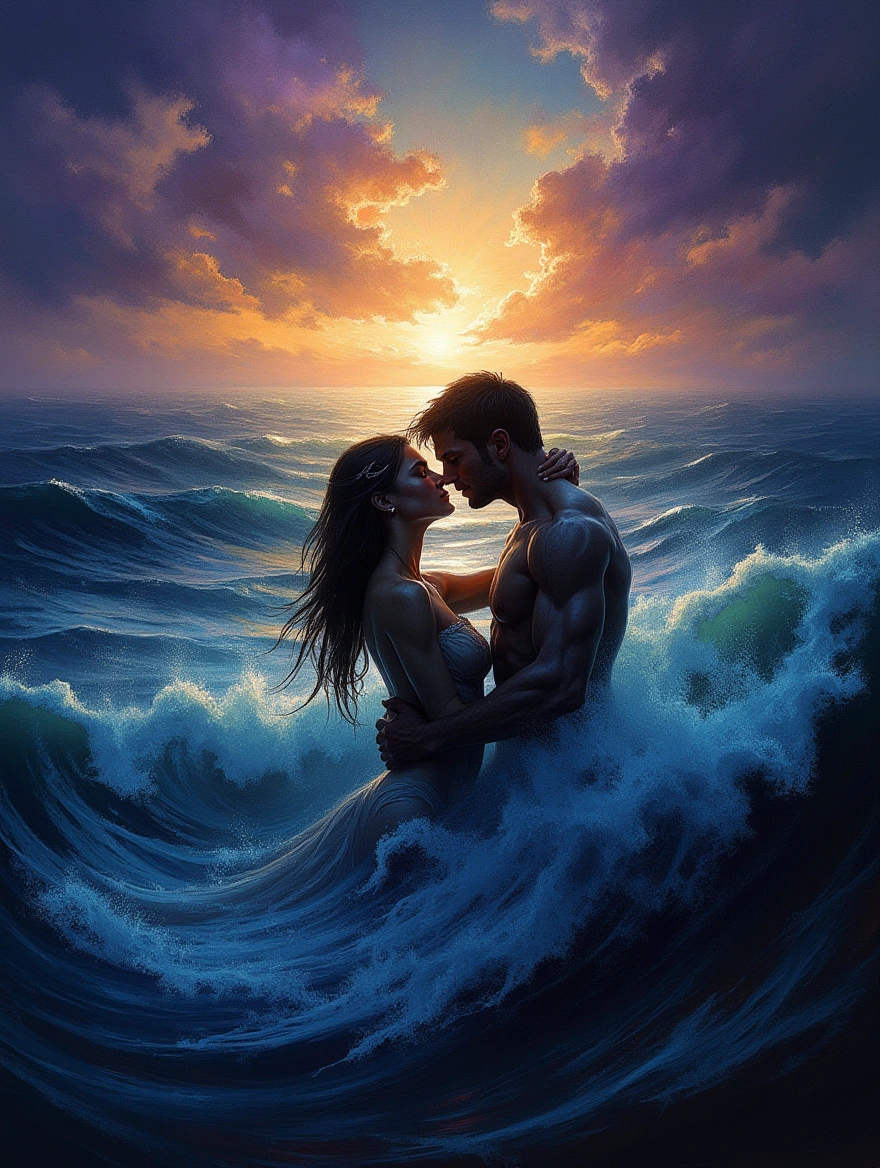 Expressive oil painting. Medium shot. A human couple embracing in a swirling stormy sea. Medium shot. Vivid and emotive brushstrokes. Expressive facial expressions and body language. Enrapturing eye contact between the couple. Wave-like turbulent clouds and sea foam in chaotic harmony. Warm golden hour lighting with deep blues and purples. Talented artist’s masterpiece. Emotive and passionate. Beautiful, dramatic, and expressive. Brilliant color. DETAILS AND TEXTURES VISIBLE.