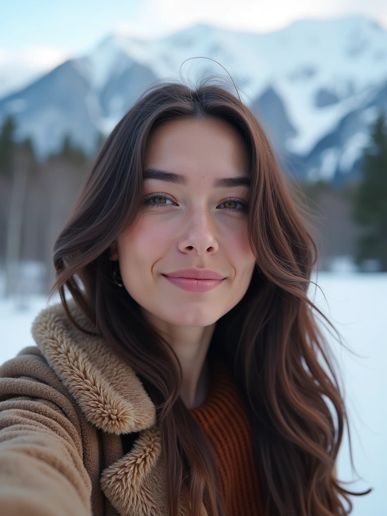 A beautiful brunette woman posing elegantly for a selfie. She is serious warmly, capturing a moment of unlikely connection and joy in a serene snowy mountain setting. High resolution, soft natural lighting, enchanting atmosphere.