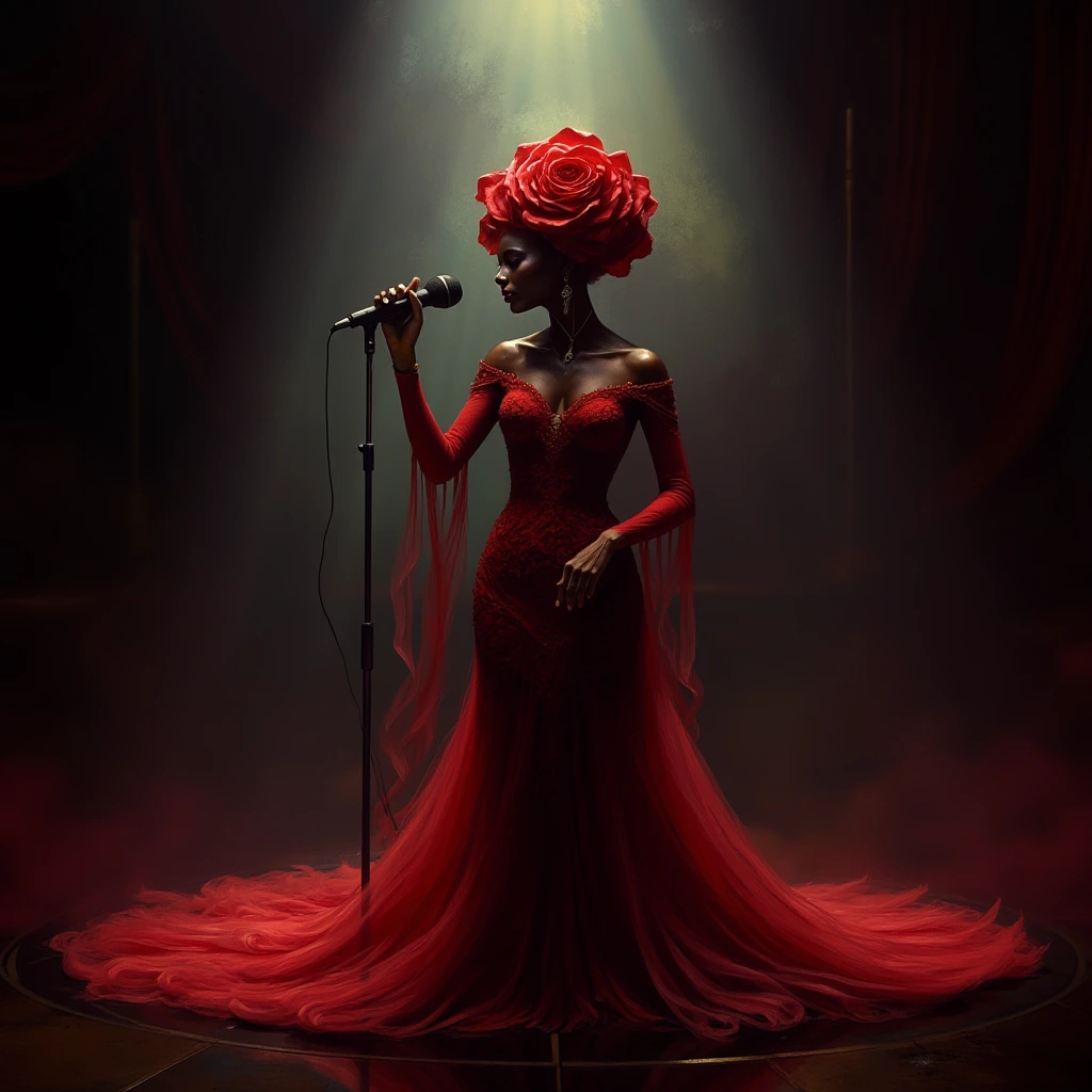 A marvelous, ethereal African American red rose that looks like a human humanoid, a human-flower hybrid stands on the illuminated stage, holds a microphone with elegantly delicate hands and sings a song.