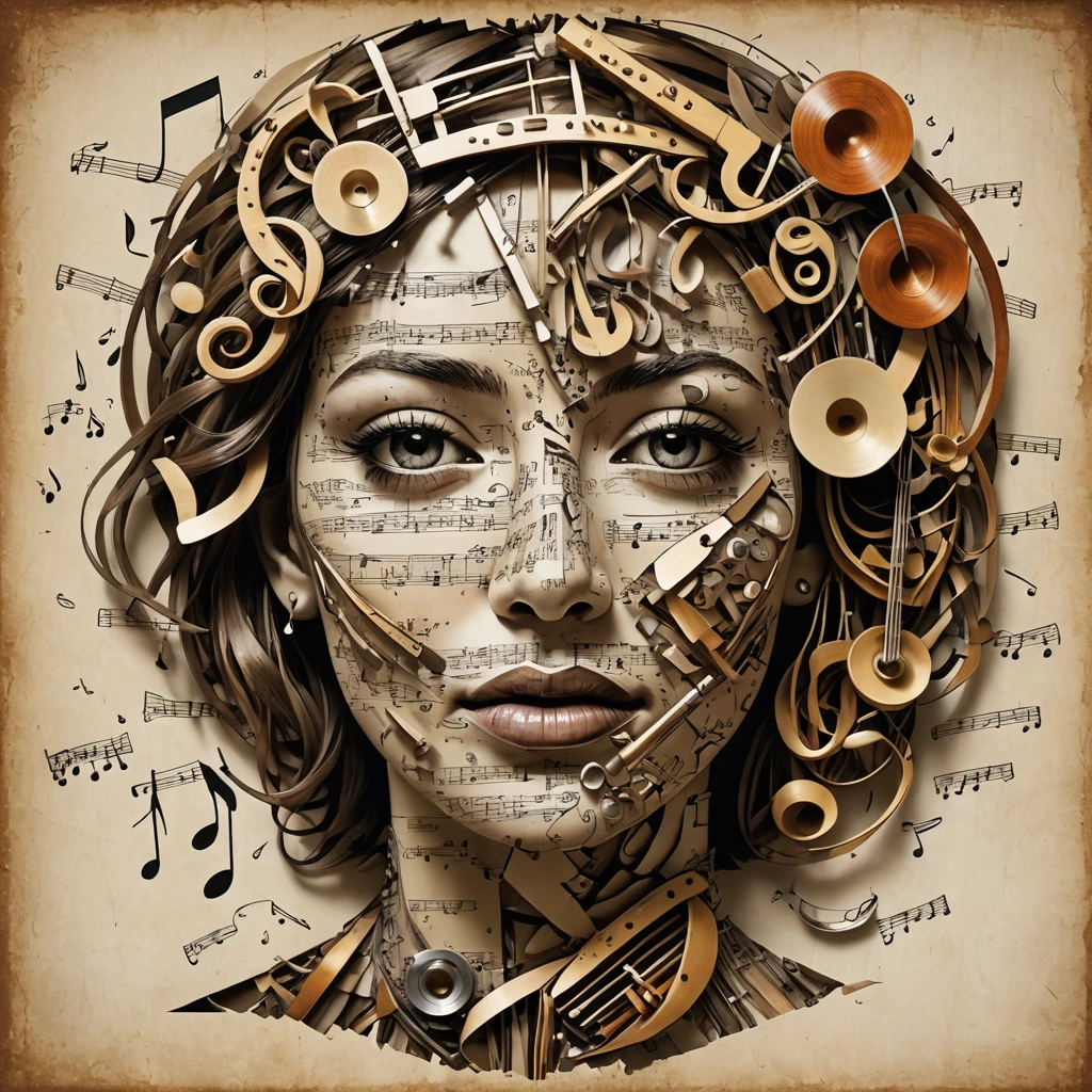 Create a womans face, pieced together from broken musical instruments and music notes