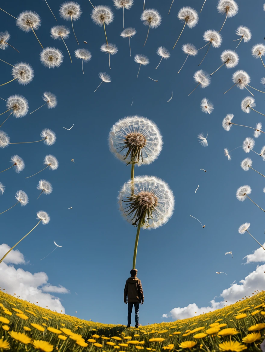 tiny man standing under a giant dandelion