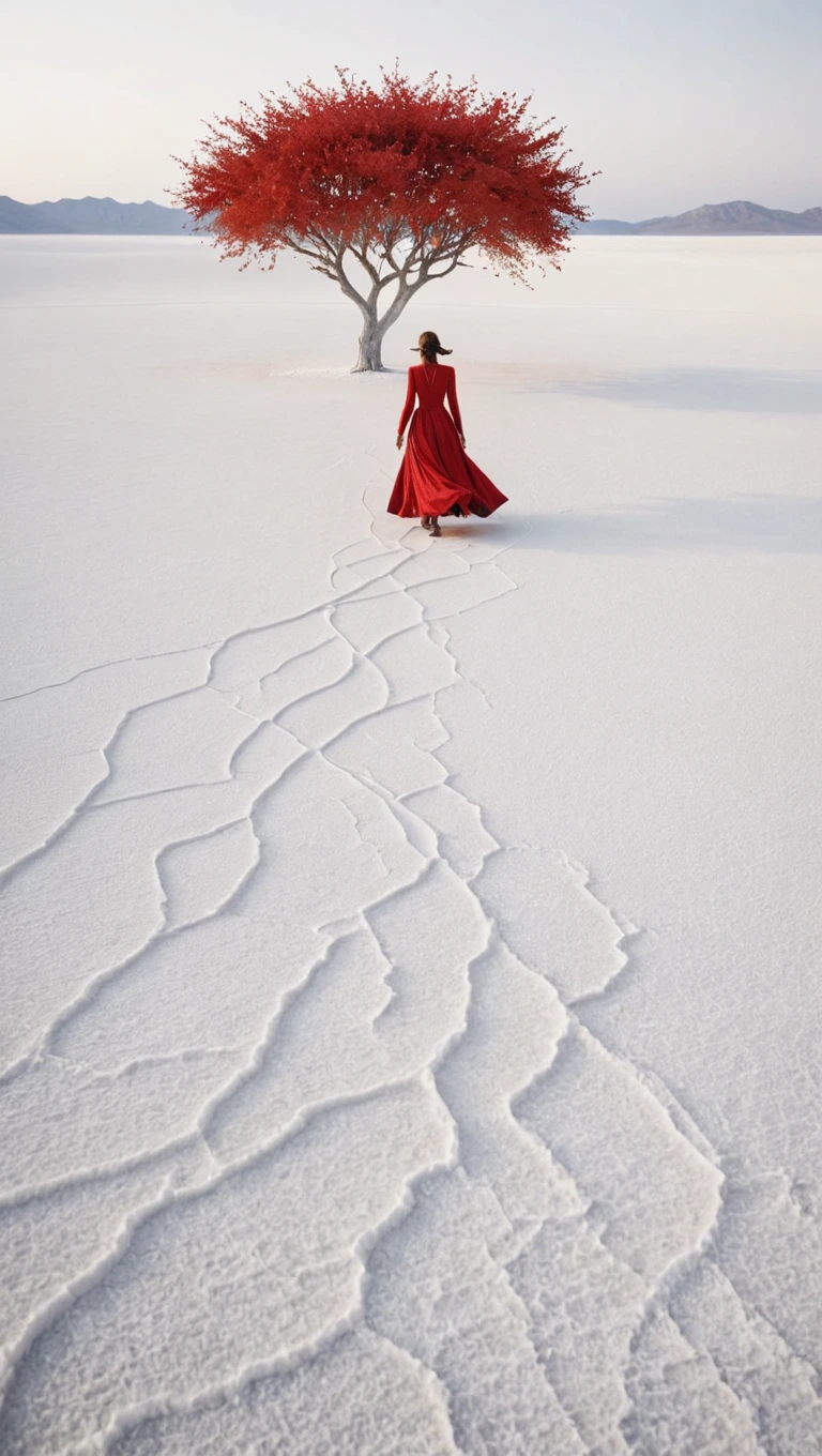 A whimsical and surreal photograph of a woman in a red dress walks in a white salt desert, surrounded by red tree inspired by Scarlett Hooft Graafland,