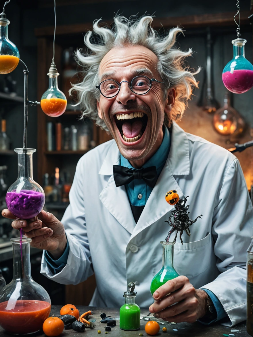 A mad scientist is laughing in joy at his monstrous creation spooky vibe, surrealist style, fantastical, magical, unexpected, super detail, dreamy lo-fi photography, colorful