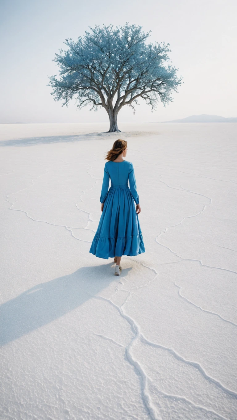 A whimsical and surreal photograph of a woman in a blue dress walks in a white salt desert, surrounded by blue tree inspired by Scarlett Hooft Graafland,