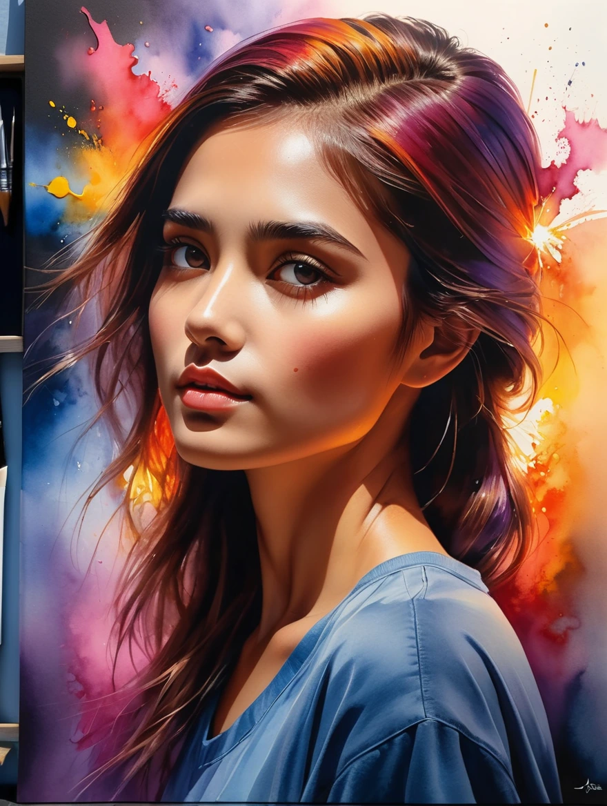 A mesmerizing and vibrant scene painted with remarkable expertise in hyper-realistic watercolor. The mastery of light and color transforms the canvas into a vivid and cinematic experience. The combination of intense hues and lighting effects creates a breathtaking display, unveiling an epic realism that transports the viewer into an alternate world. Every brushstroke reveals an astonishing level of detail, rendering the girl's features with breathtaking precision. This 8K masterpiece is truly a testament to the artist's skill and dedication.