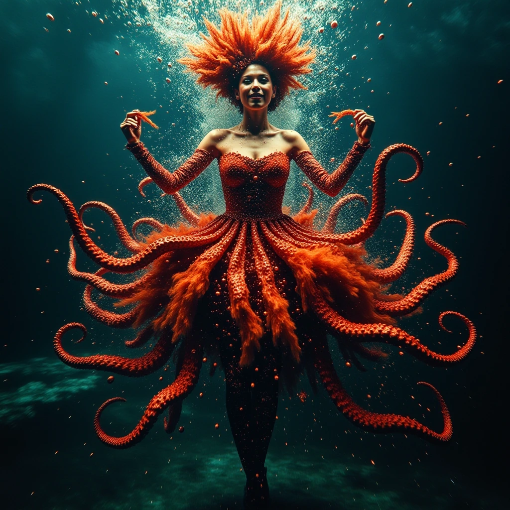 A young skinny woman with cybernetic enhancements, blended with a vibrant red octopus. Her hair, a fusion of ginger strands and octopus tentacles, cascades down her white, skin adorned with intricate biomechanical upgrades. Clad in a dress crafted from living octopus skin melded seamlessly into her form, long tentacles envelop her legs, acting both as a skirt and as aid for agile swimming. The eerie fusion of humanoid and sea creature emerges underwater, surrounded by shimmering bubbles, as her numerous tentacles move in a mesmerizing dance. This hyper-realistic artwork combines elements of cyberpunk and oceanic corals  fantasy, reminiscent of a dark crystal film, in breathtaking 8K resolution with dynamic textures.