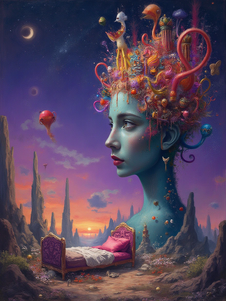 An otherworldly landscape inspired by Salvador Dali's surreal style, where a whimsical bed is placed under a starry purple sky,a painting of a woman's face with a city in the background, fantasy drawing made of fractals, colorful melting human head lying a throne in a fantasy land, portrait of a dreamer, depicted as a 3 d render, side profile artwork, psytrance, featured on twisted  dripping heart designs surrounded by bizarre and dreamlike scenery.