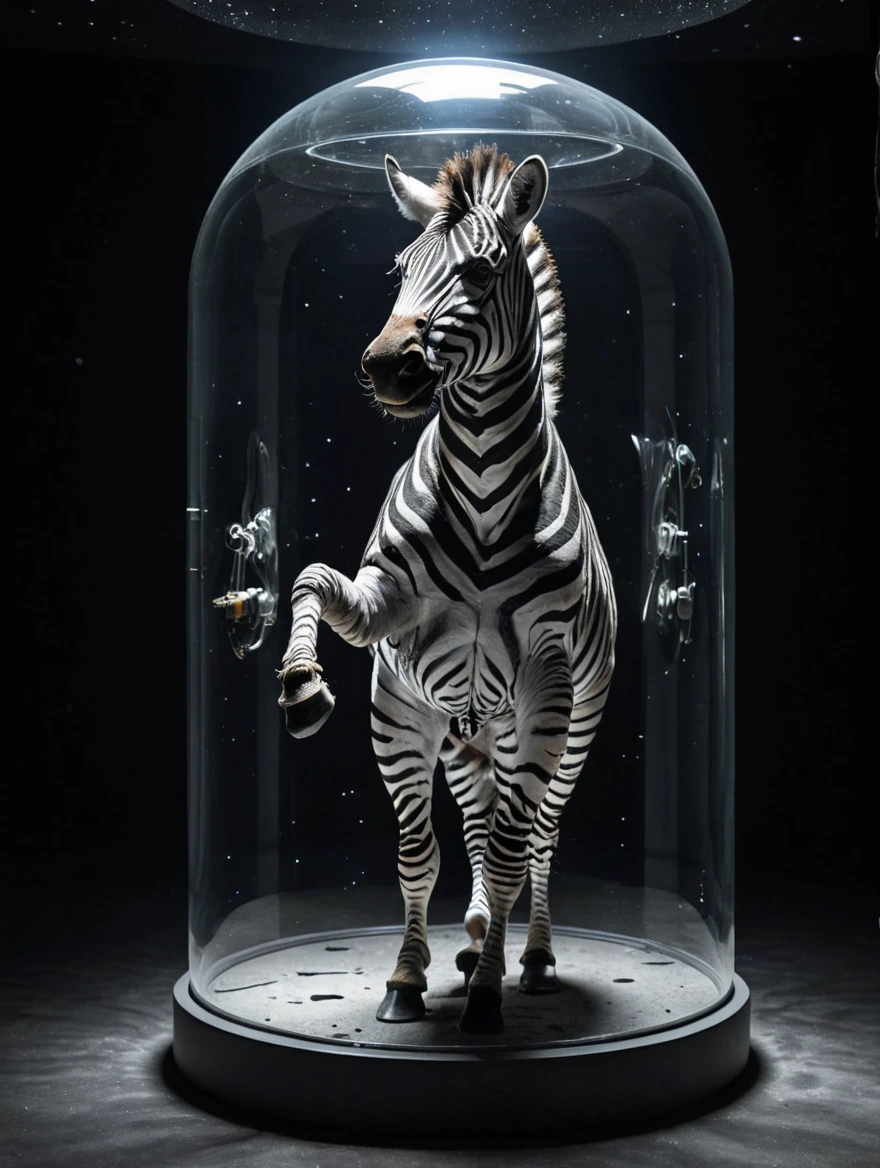 A humanoid zebra locked up in a small glass cylinder-shaped box floating in space, amazing lighting,