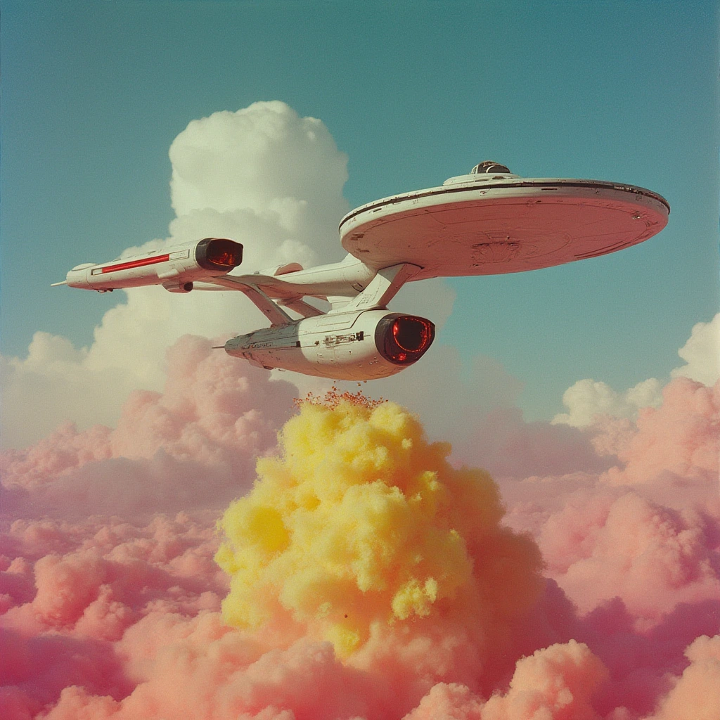 portrait shot of the starship USS Enterprise , Surreal Fashion lomochrome by Maurizio Cattelan, Asger Carlsen, minimalist collages, colorful realism, art nouveau inspiration, puffy shapes, otherworldly visions, precarious balance, baseline, doppler shift