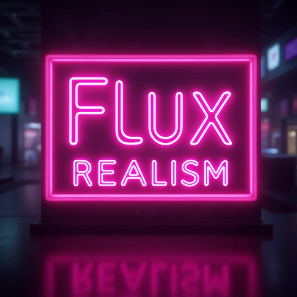 A big pink neon sign with the text "Flux Realism Demo", blurred cyberpunk background