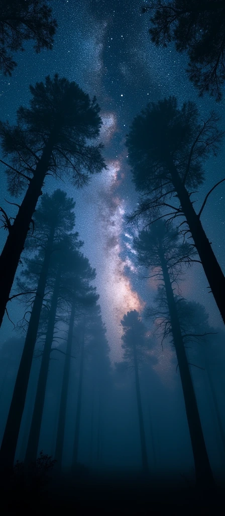 A breathtaking astrophotography image of the Milky Way peeking through a tree canopy on a foggy night. The night sky is filled with stars, with the core of the Milky Way visible, glowing softly against the fog. The tall trees form a natural frame around the sky, their branches reaching upward into the mist. The fog adds an ethereal glow to the scene, diffusing the light from the stars slightly. The foreground is dark, with only the silhouettes of the trees visible, adding a sense of mystery and quiet serenity to the image.