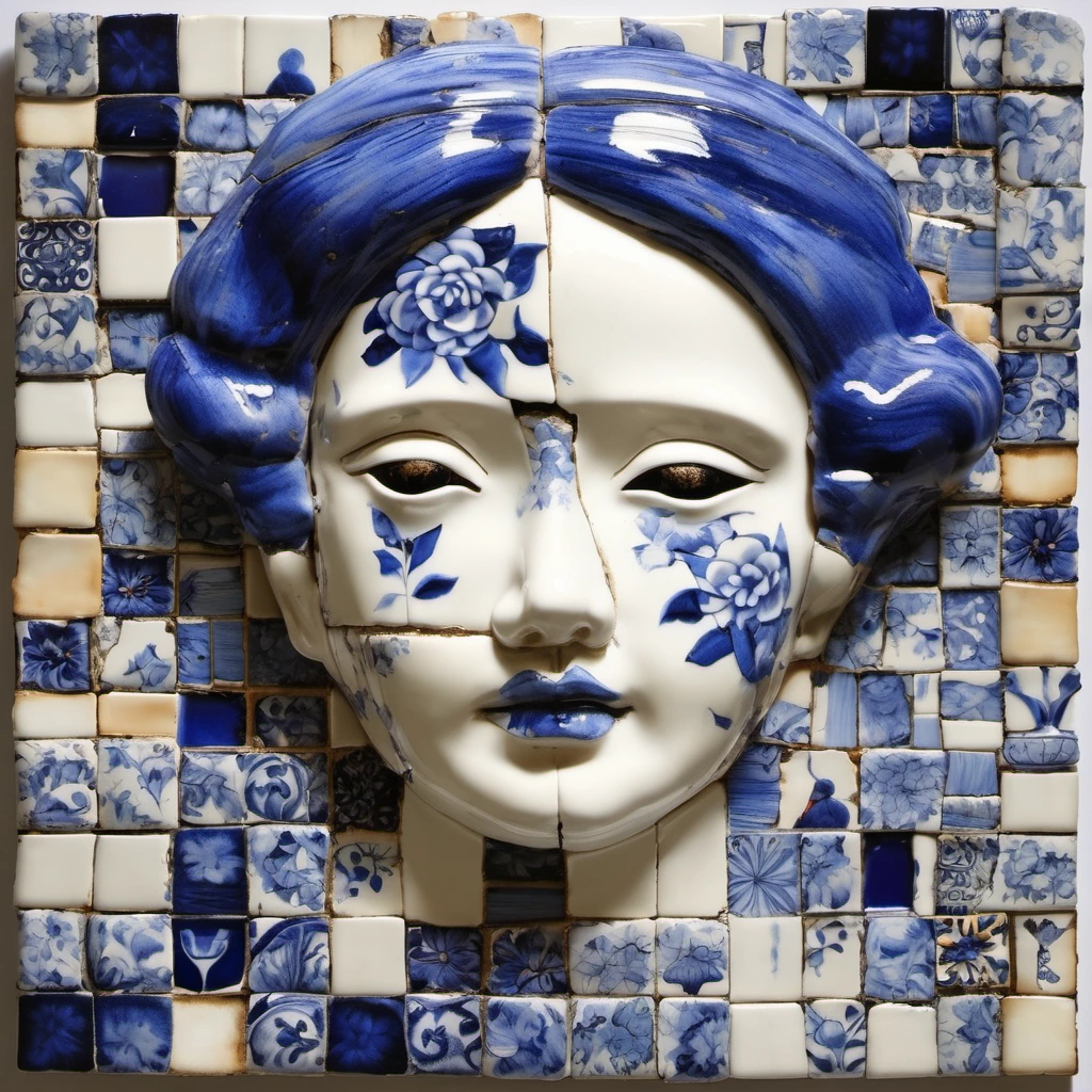 Create a womans face, pieced together from broken delftware and chinaware.