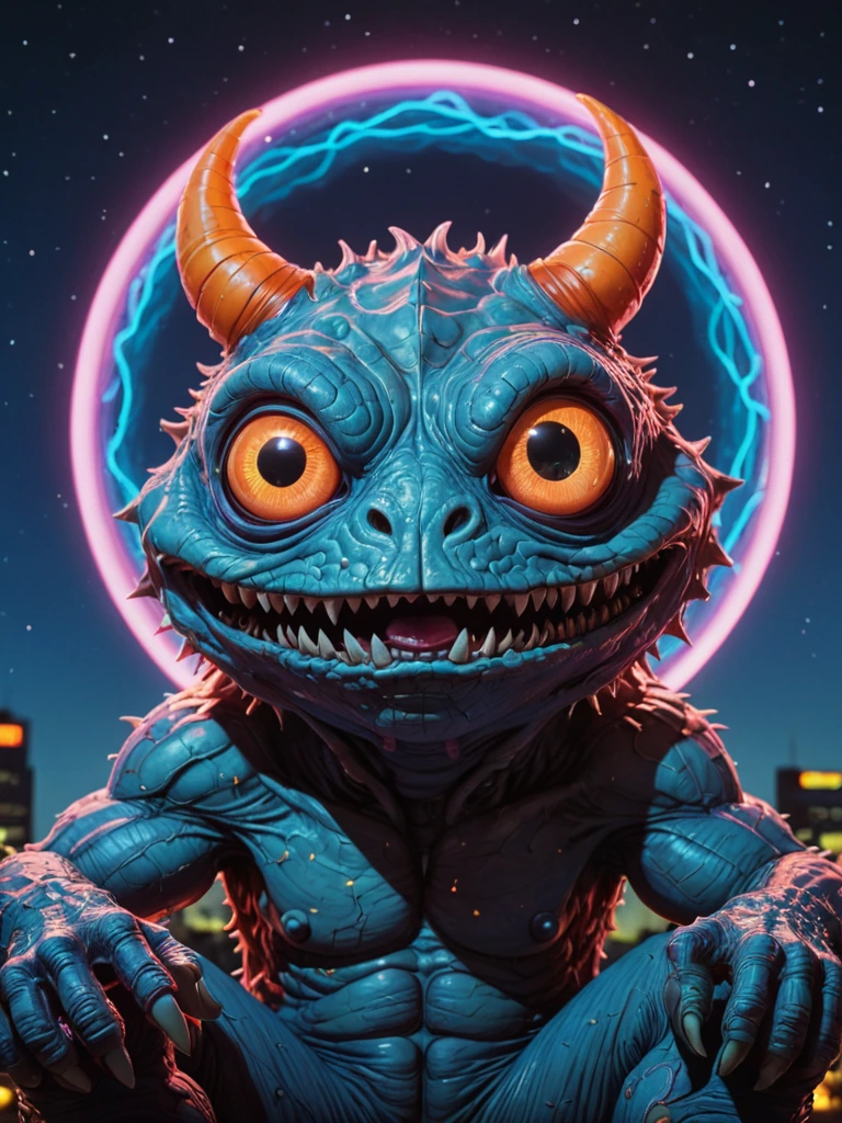 Hyper-realistic close-up selfie features a grotesque yet irresistibly cute, glowing-eyed, biomechanical monster sitting between two playful orbs in a night sky, backlit by Moebius strip neon aura, against a digital drawing background.