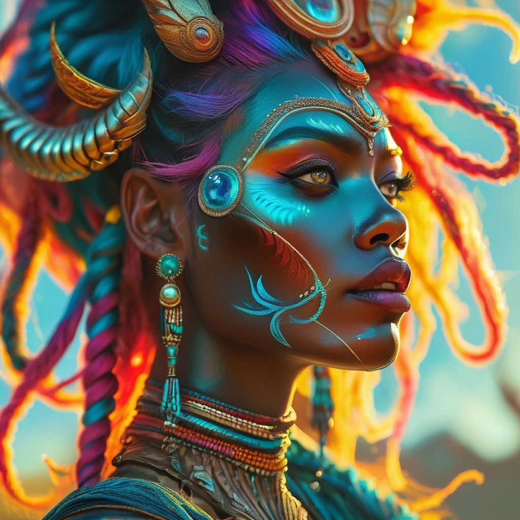 An extreme close-up of a rebellious demon goddess with otherworldly pearlescent skin, intricate magical symbol tattoos, a selection of mixed vibrant coloured braided hair, and cerulean eyes. The sunlight  caresses her face from a side angle, highlighting her mystical aura. The portrait captures her otherworldly beauty in high-definition detail, showcasing a magnificent array of vivid colours that make her truly a masterpiece.