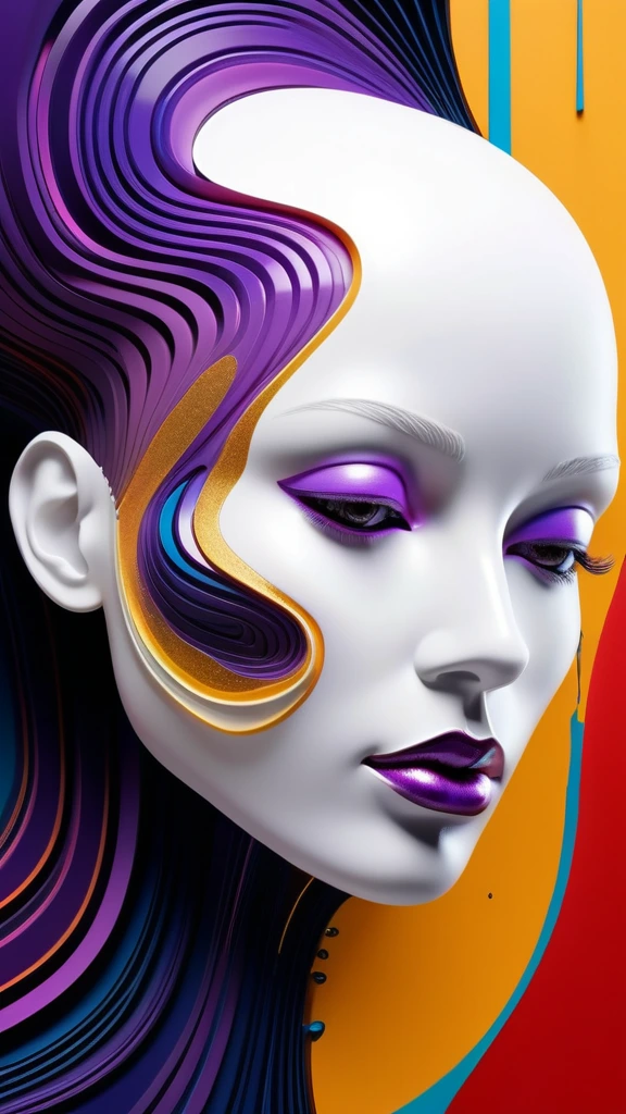 A surreal digital illustration of a stylized human face made up of abstract, fluid shapes, with a combination of smooth, flowing lines and sharp geometric edges. The left side of the face is formed by a mix of colorful, swirling liquid shapes in shades of glittery golden specks, purple, teal, and black, wet dripping down, while the right side features a more rigid cybernetic, white, sculpted form with digital and mechanical features. The lips are bright red and glossy, positioned centrally, creating a striking focal point. The background is an eerie prison cell red graffiti that transitions from warm yellow-orange at the center to a darker shade at the edges, giving a glowing effect behind the abstract face. The overall style is futuristic and artistic, with a strong emphasis on contrast and symmetry.