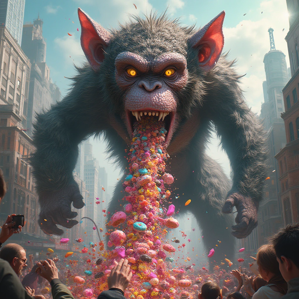 A towering, larger-than-life beautiful Monkey , with reptilian cat-like eyes gleaming with power and mischief, unleashes a vibrant stream of assorted donut chunks vomit from its jaws. The chaotic scene unfolds in a bustling cityscape below, with buildings crumbling and colorful magic adding an element of destruction in this photorealistic depiction.