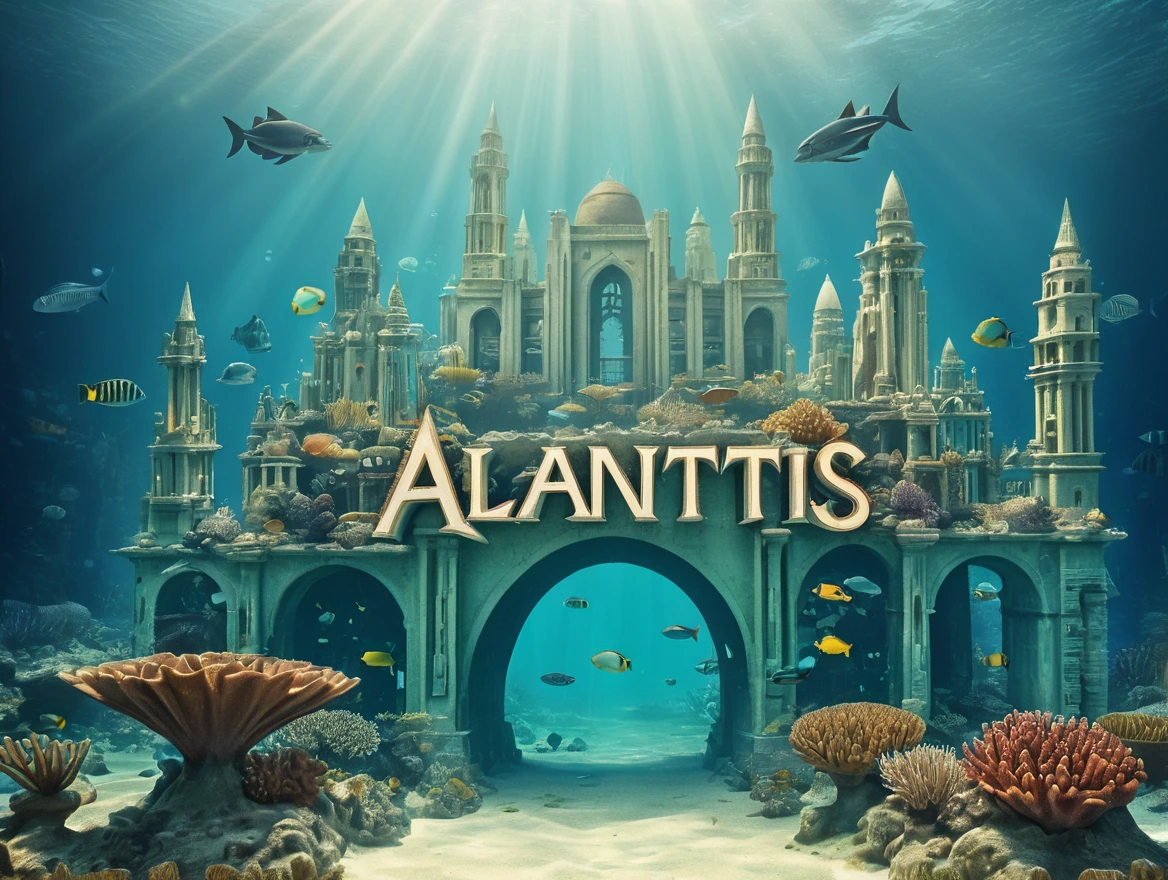 Postcard of the underwater city with text "Atlantis", vintage postcard style,