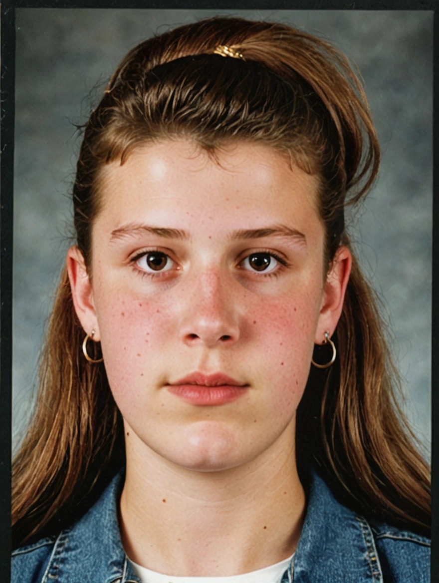 A 1993 yearbook photo of female high school student, plaid, jeans, hairspray, mini-skirts