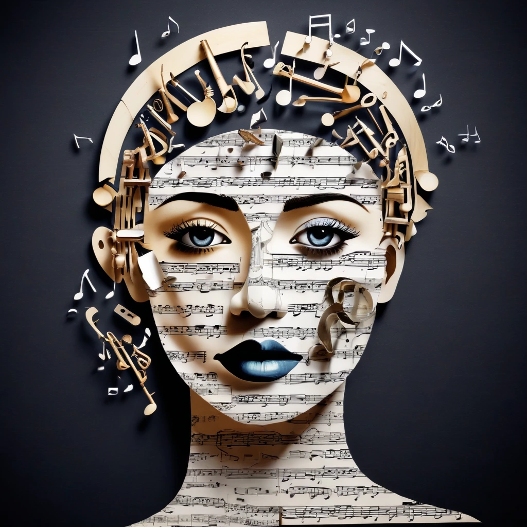 Create a womans face, pieced together from broken musical instruments and music notes