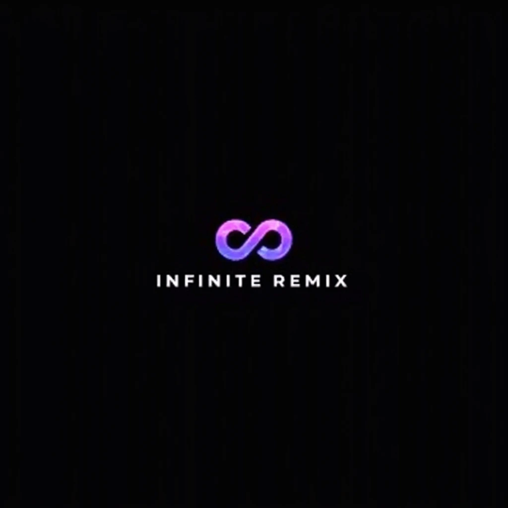 A Crystalline style black opal minimal logo with a purple "R" letter morphed inside an infinity symbol. Below the logo, the text "INFINITE REMIX" is written in a modern, sans-serif font. The logo is centered and has a negative space around it. The design follows the golden ratio and has a flat2d style. The background is black.