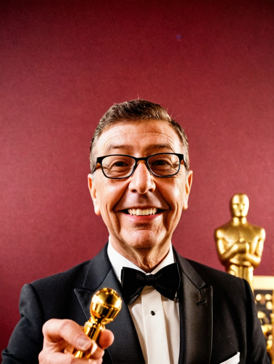 Man wearing a tuxedo winning an Oscar