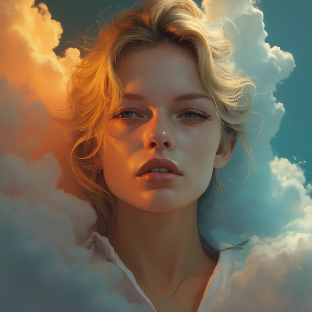 Close-up portrait of a woman wearing modern Top and Short,  Half her face is warm-toned, half cool-toned. Dramatic clouds in shades of orange and blue surround her. Hyper-realistic digital painting style. The woman has full lips and wavy blonde hair. Intense contrast and vivid colors. Surreal and dreamlike atmosphere. 32 K resolution, highly detailed.