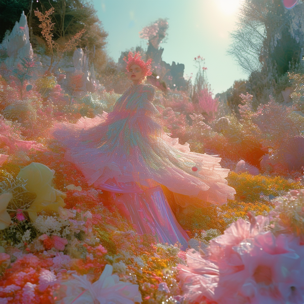 Close-up Shot of a galactic garden, Landscape Adox Color Implosion, by Tim Walker, photocollage, sun-soaked colours, advertising art, hyperrealistic environments, sculptural form, fanciful costume design