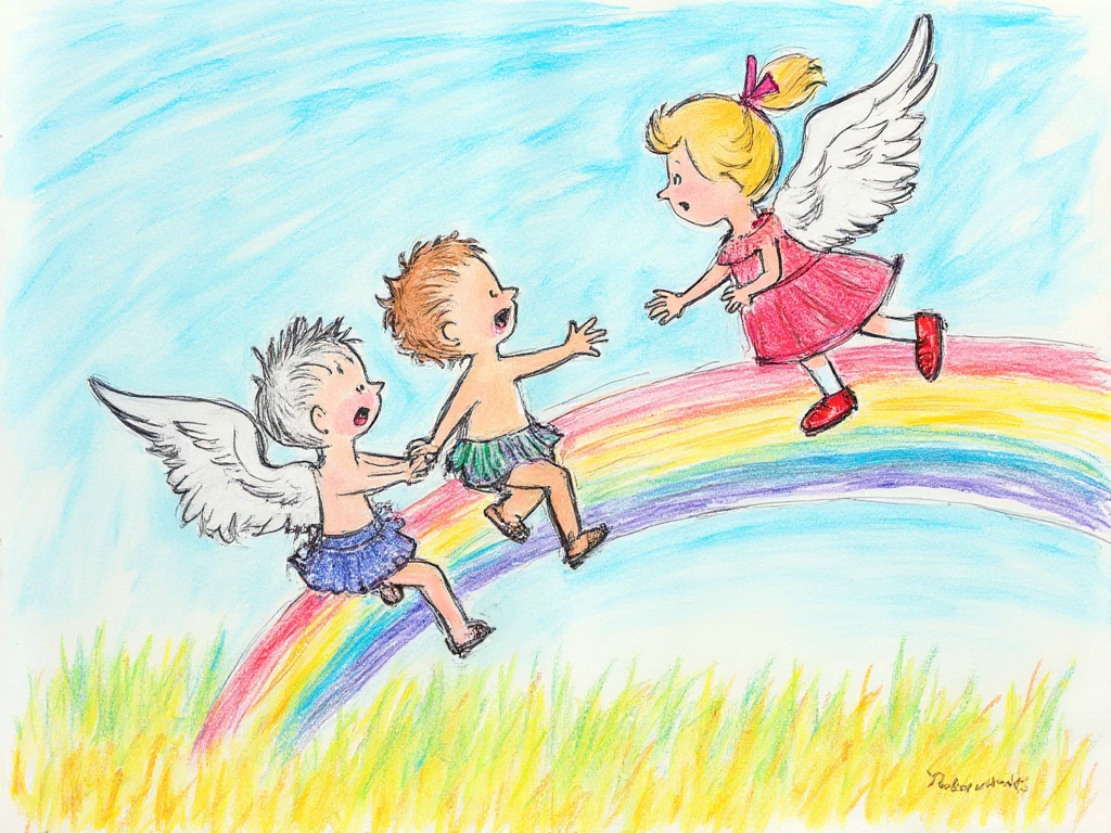 Child's crayon drawing, two rubber colorful latex bondage men lovers of Tropical Romance and torture games of kidnapping asphyxiation abducted by the rubber fat shiny milky soap flying cupid playing with a rubber shiny snowing snowing drag queen in a red dress, white socks and red shoes riding on a rainbow, blue sky, summer, below the rainbow a boundless field of summer meadow, childish, heavy outlines, 16 count crayon set, white paper, amateur, no perspective, immature artist, preschool artwork, badly proportioned, extremely heavy outlines, crooked rough lines, in the style of a toddler, simple geometric shapes, primitive variation on Charles Schultz