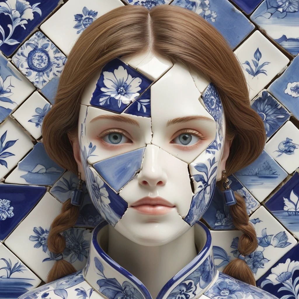 Create a womans face, pieced together from broken delftware and chinaware.