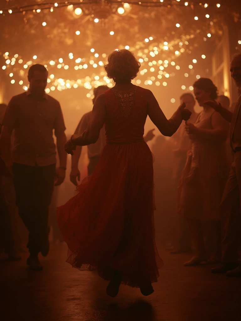 a grandmother dancing on the party, evening warm light, detailed